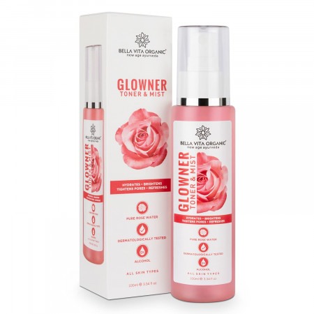 Bella Vita Organic Glowner Face Toner Face Mist, Alcohol free, Rose Water 100ml Pore Minimizing Tightening Natural Toner Spray for Glowing Skin - All Skin Types