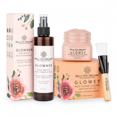 Bella Vita Organic Facial Kit Combo - Glowey Face Pack, Scrub & Face Wash 3 in 1 for Glowing Skin - Glowner Rose Water Natural Face Toner for Pore Minimizer & Uneven Skin Tone|Alcohol Free | Unisex