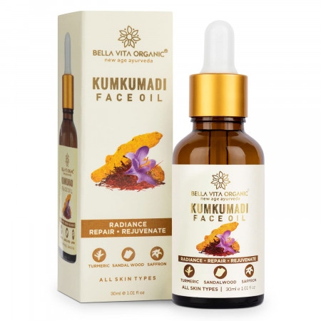Bella Vita Organic Kumkumadi Face Glow Oil for Dry to Normal Skin for Soothing & Moisturization with Sandalwood, Saffron, Turmeric and Sesame Oil, 30ml