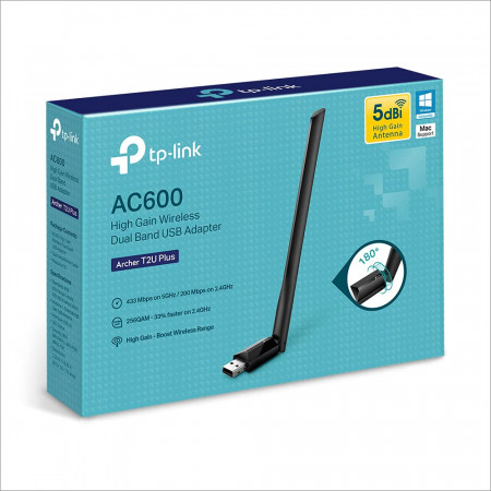 TP-Link USB AC600 600 Mbps WiFi Wireless Network Adapter for Desktop PC with 2.4GHz/5GHz High Gain Dual Band 5dBi Antenna Wi-Fi, Supports Windows 10/8.1/8/7/XP, Mac OS 10.9-10.14 (Archer T2U Plus)