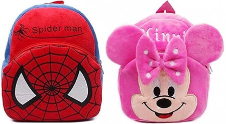 Heaven Decor Spiderman & Minnie Soft Velvet Kids School Bag Nursury Class To 5 ( Size - 14 inch ) ( Color - Red & Pink )