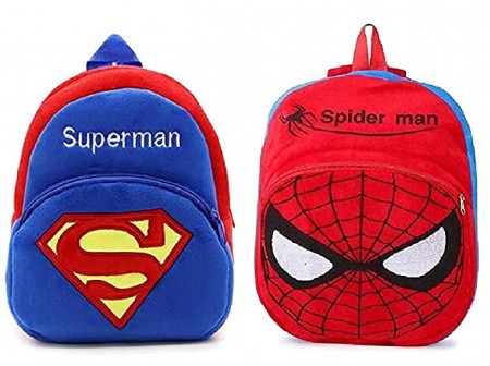 Heaven Decor Spider man & Superman Soft Velvet Kids School Bag Nursury Class To 5 ( Size - 14 inch ) ( Color - red&blue )